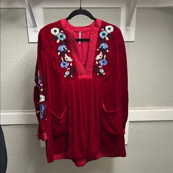 Free People Red Embellished Long Sleeve Velvet Dress